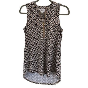 Fyve Women's Small Sleeveless Tan Black White Blouse Top Geometric Half Zip New